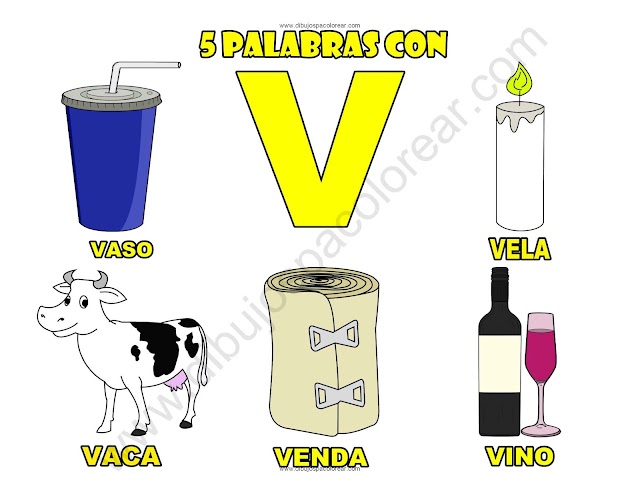 Cinco Palabras con la letra V dibujo a color y para colorear